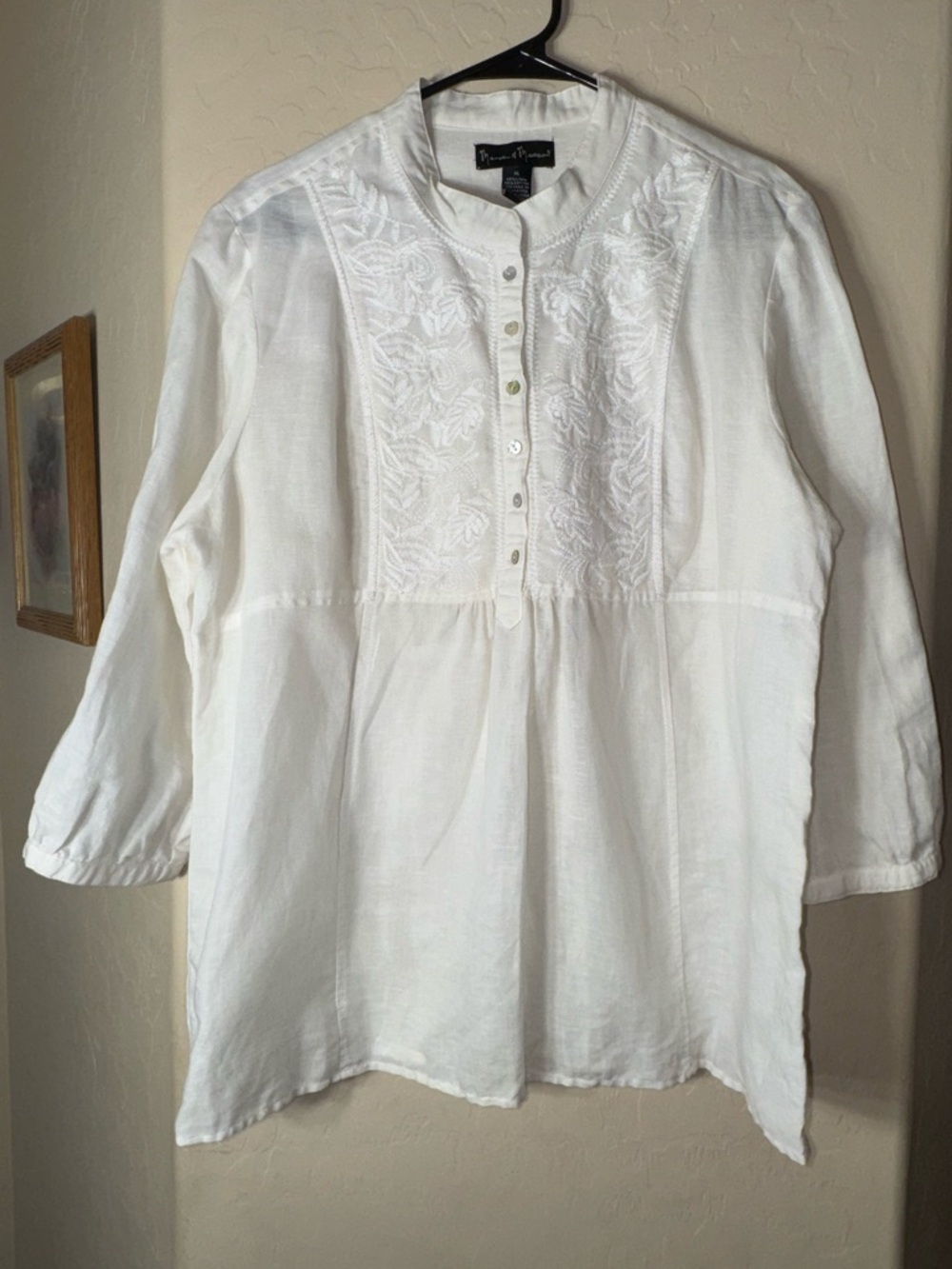 Mercer & Madison White Embroidered Linen Cotton Boho Tunic Blouse XL Peasant